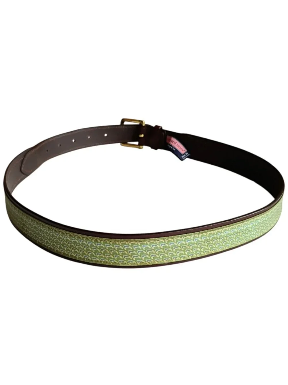 VINEYARD VINES Belt Leather Green Ribbon Solid Brass Buckle Sz 34 - Picture 2 of 7